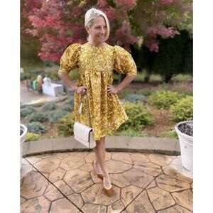 Kika Vargas x Target Gold Mum Floral Puff Sleeve Babydoll Mini Dress Size Medium